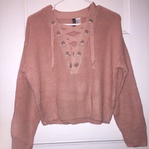 blush pink lace up sweater